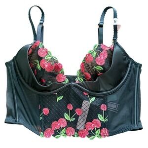Victoria's Secret Cherry Embroidered Bustier Bra Top Black 32-DD New NWT